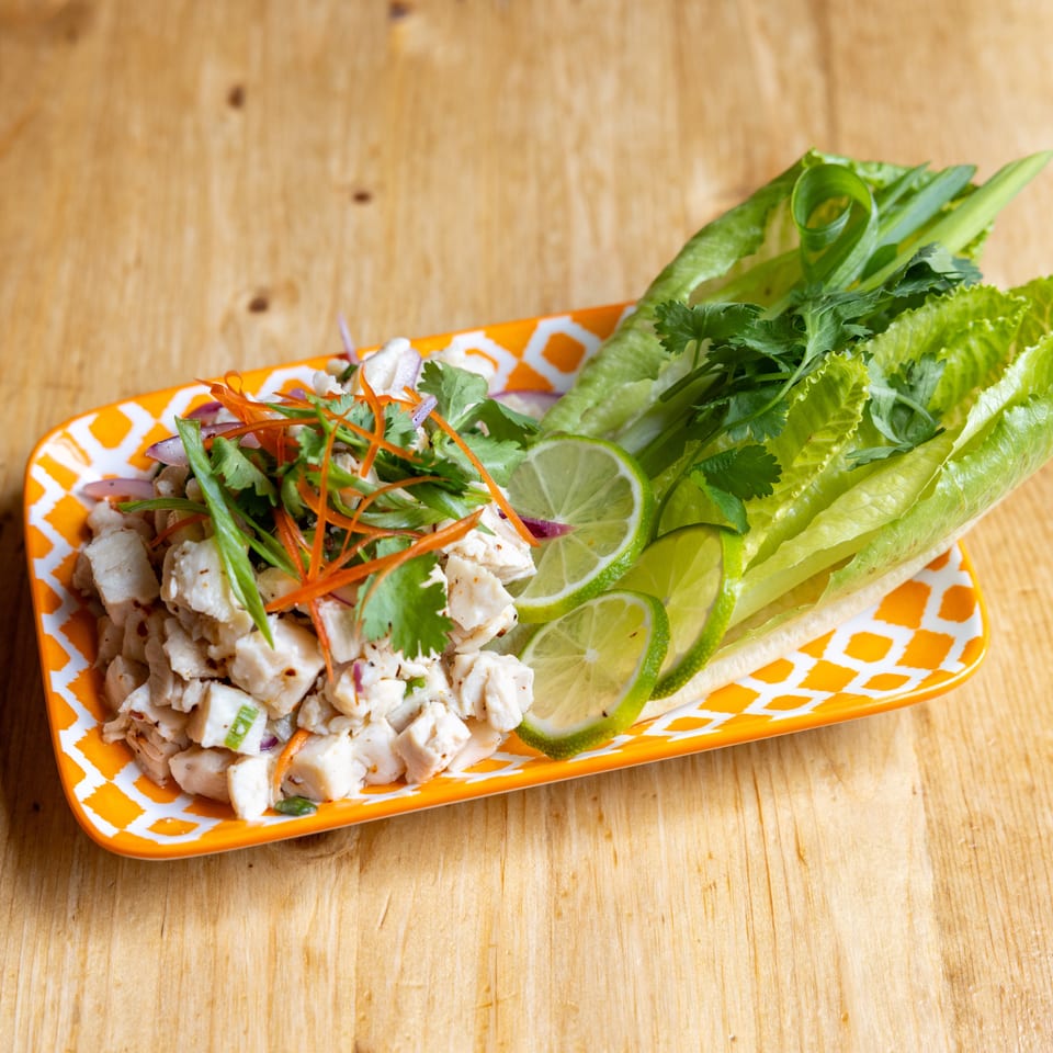 Ceviche with diced fish, red onion, cilantro, and lime slices on an orange and white plate.