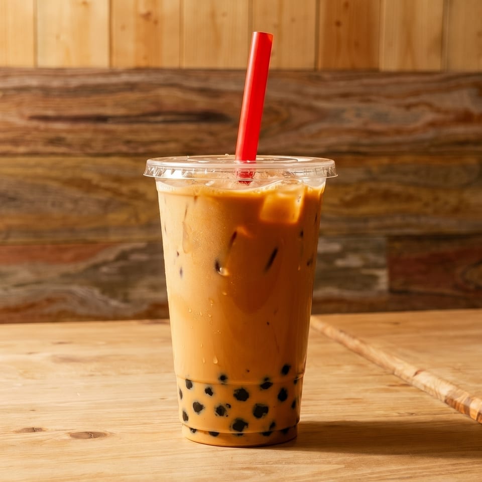 Iced bubble tea with a red straw on a wooden table against a wooden wall.